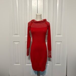 NO BOUNDARIES , Red Stretch Knit Long Sleeve Form Fitting Tunic/Dress, Size S-M